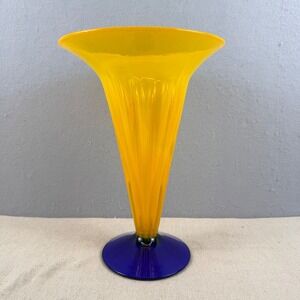 VTG 2001 Signed Richard Blenko Art Glass Trumpet Vase 8721L Yellow Cobalt 11.5"